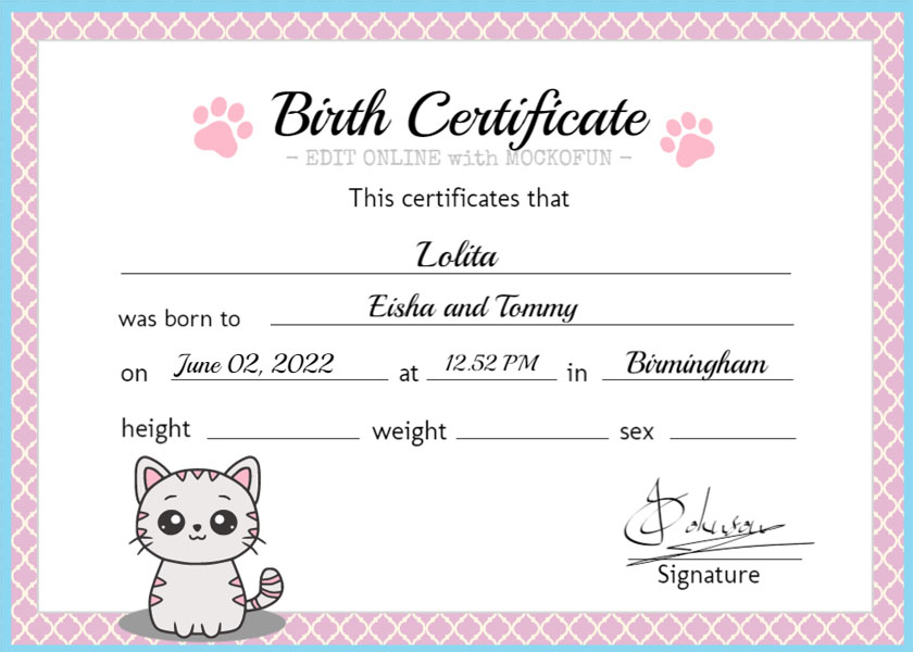 Cat Birth Certificate Template