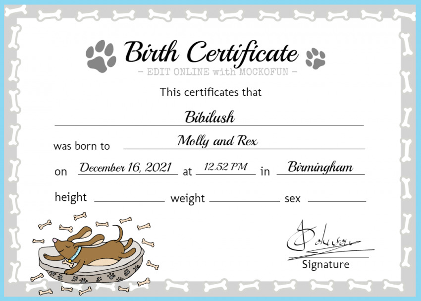 Paper & Party Supplies Paper Templates Pet Puppy Birth Certificate PDF